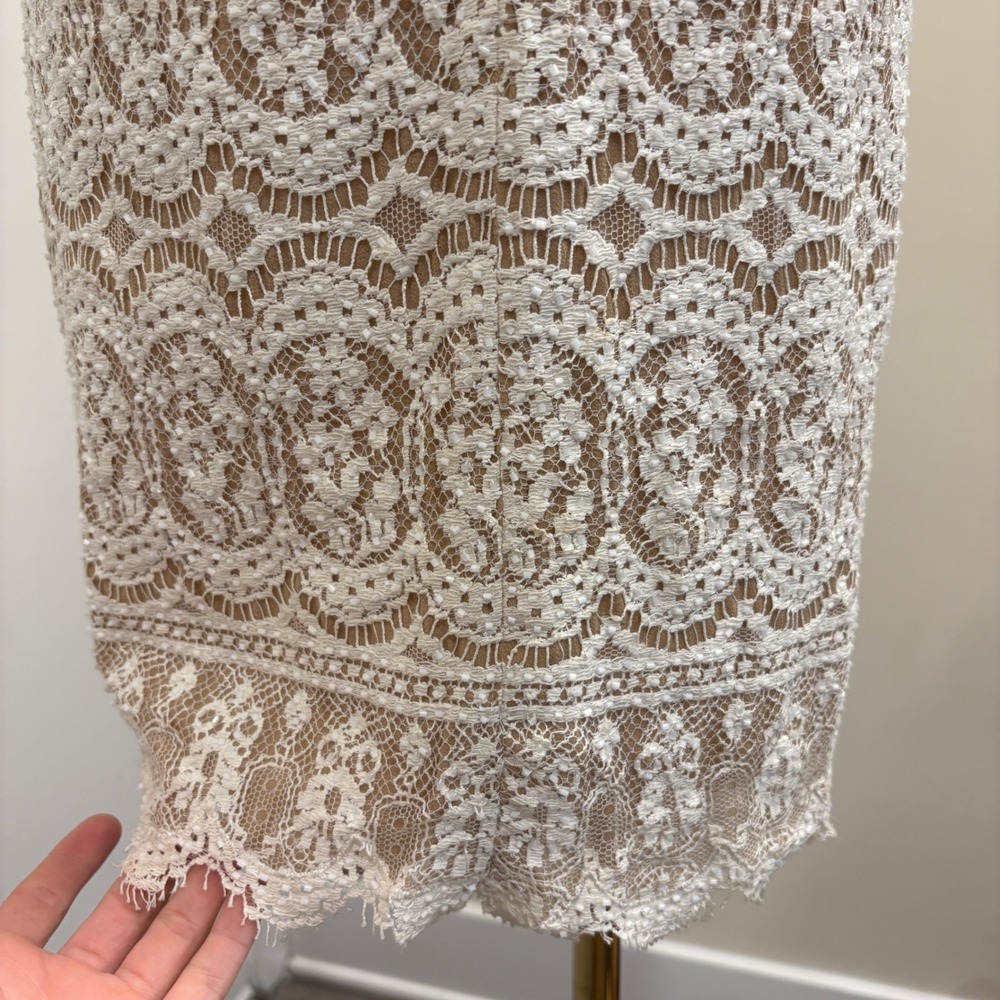 VTG 90s NiteLine White Lace Beaded Tan Mini Dress 2 Bridal Goth Witchy Coquette - Picture 9 of 16